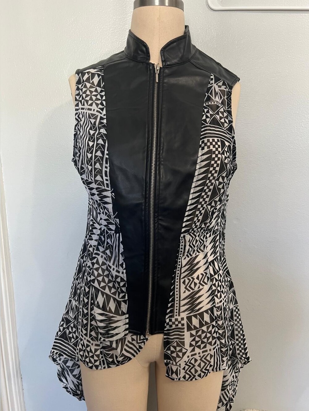 Ashley Stewart Black Faux Leather & Black-White Geo Sleeveless Jacket